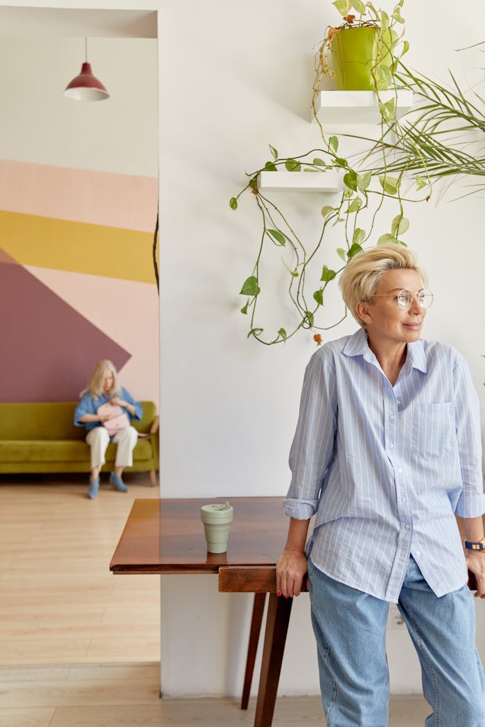 Mastering the First Impression: Your intriguing post title goes here Casual woman leaning on table in modern interior, soft colors create a relaxed atmosphere.